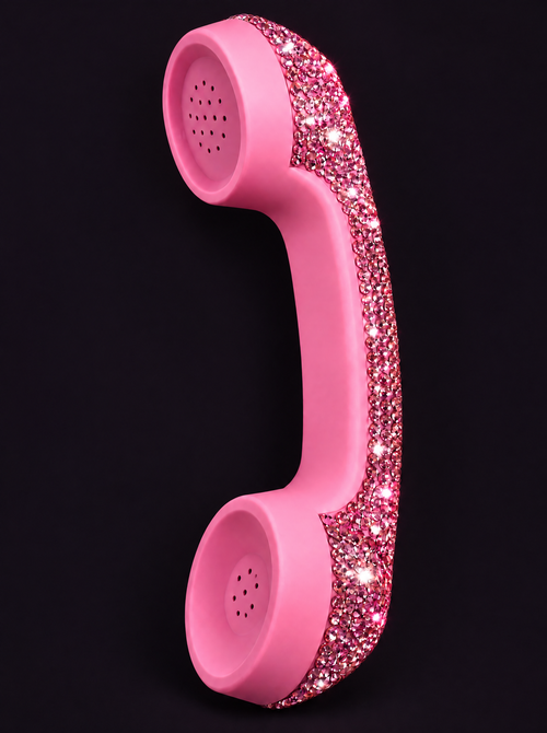 The Bling Phone in Bubblegum Pink, the full band of set crystals down the outer curve