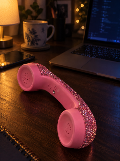 The pink Bling Phone on a dark desk at night beside a laptop
