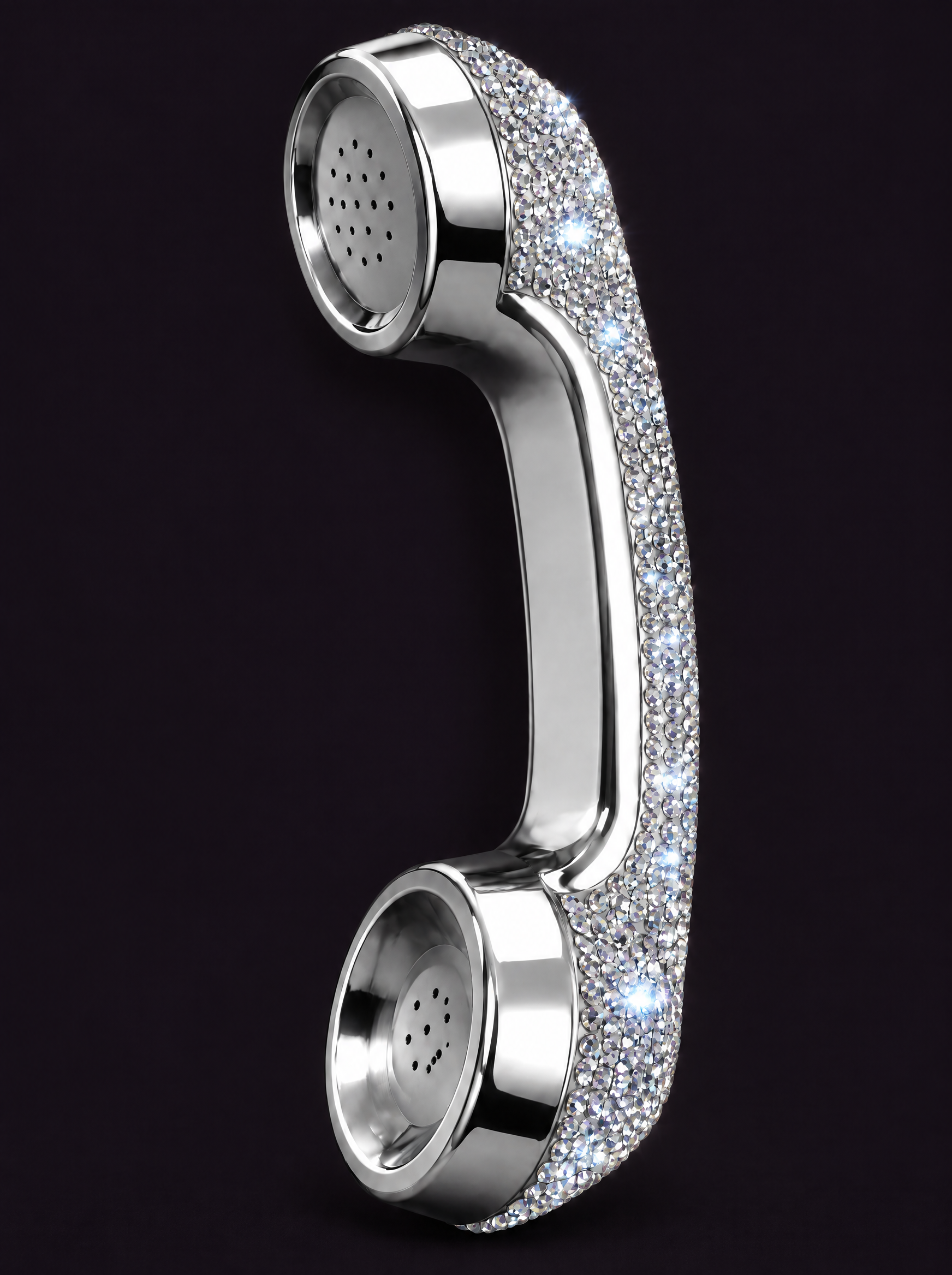 The Bling Phone in Chrome Ice with clear crystals down the outer curve