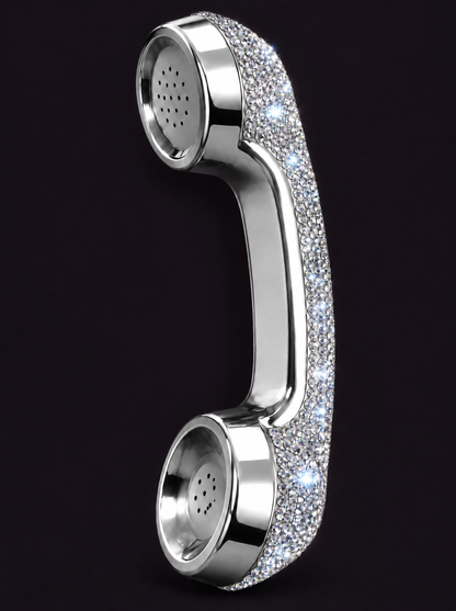 The Bling Phone in Chrome Ice with clear crystals down the outer curve