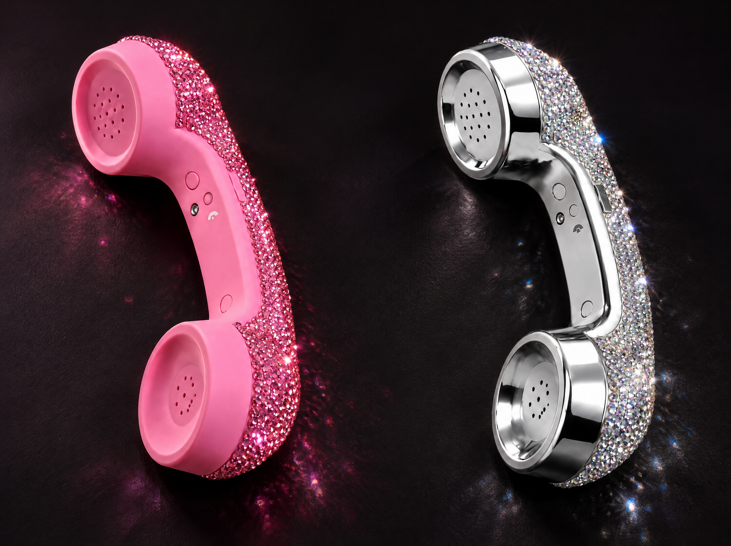 The Bling Phone in Bubblegum Pink and Chrome Ice side by side on black