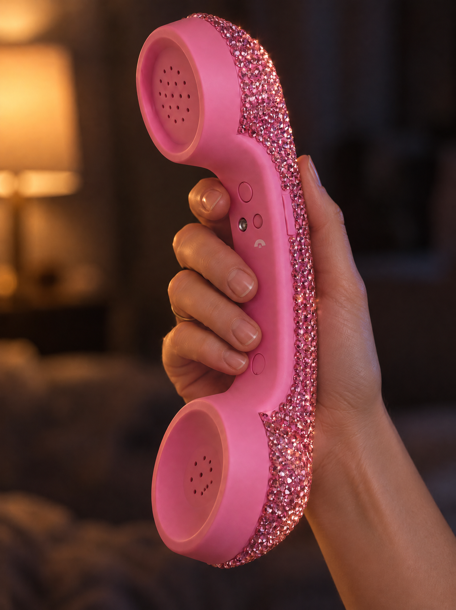 The Bling Phone in Bubblegum Pink held in one hand in a dim room