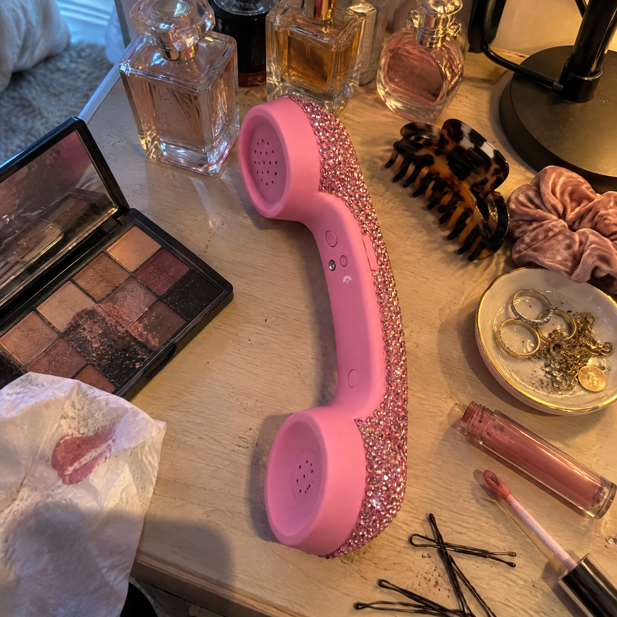 Customer photo of the pink Bling Phone on a vanity
